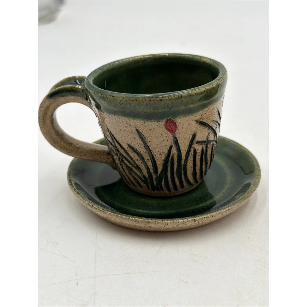 Studio Pottery Demitasse Espresso Coffee Cup W/Saucer Handmade Signed